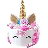 PalkSky Handmade Gold Unicorn Birthday Cake Toppers set. Unicorn Horn, Ears and flowers Set. Unicorn Party Decoration for baby shower，wedding and birthday party
