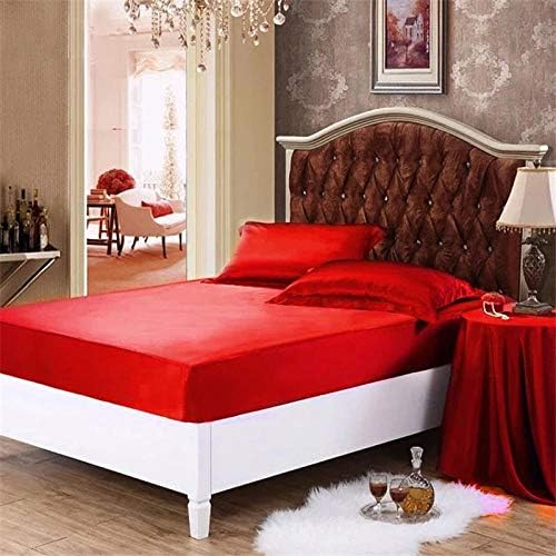 zlzty 100% Mulberry Silk 19 mm Seamless King Queen Size White Pink Silvery Biege Champagne Colors Fitted Sheet@Red_Size D 200x200x30cm