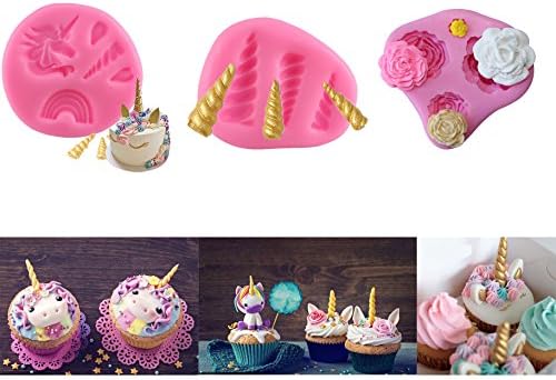 Set of 3 Mini Unicorn Mold Unicorn Horn Ears Flower and Rainbow Cupcake Topper Fondant Chocolate Mold