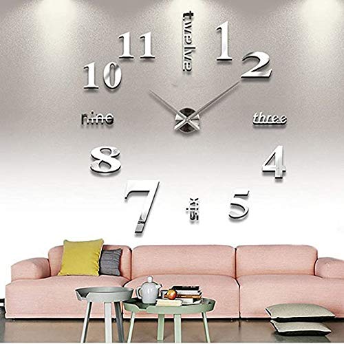 LZYMSZ Frameless Large 3D Wall Clock, Modern Mute DIY Mirror Stickers Numbers Big Watches Decals Home Office Hotel Decoration(Silver)