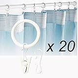 Set of 20 Premium Curtain Rings with Clips White 1.5 Inch Diameter