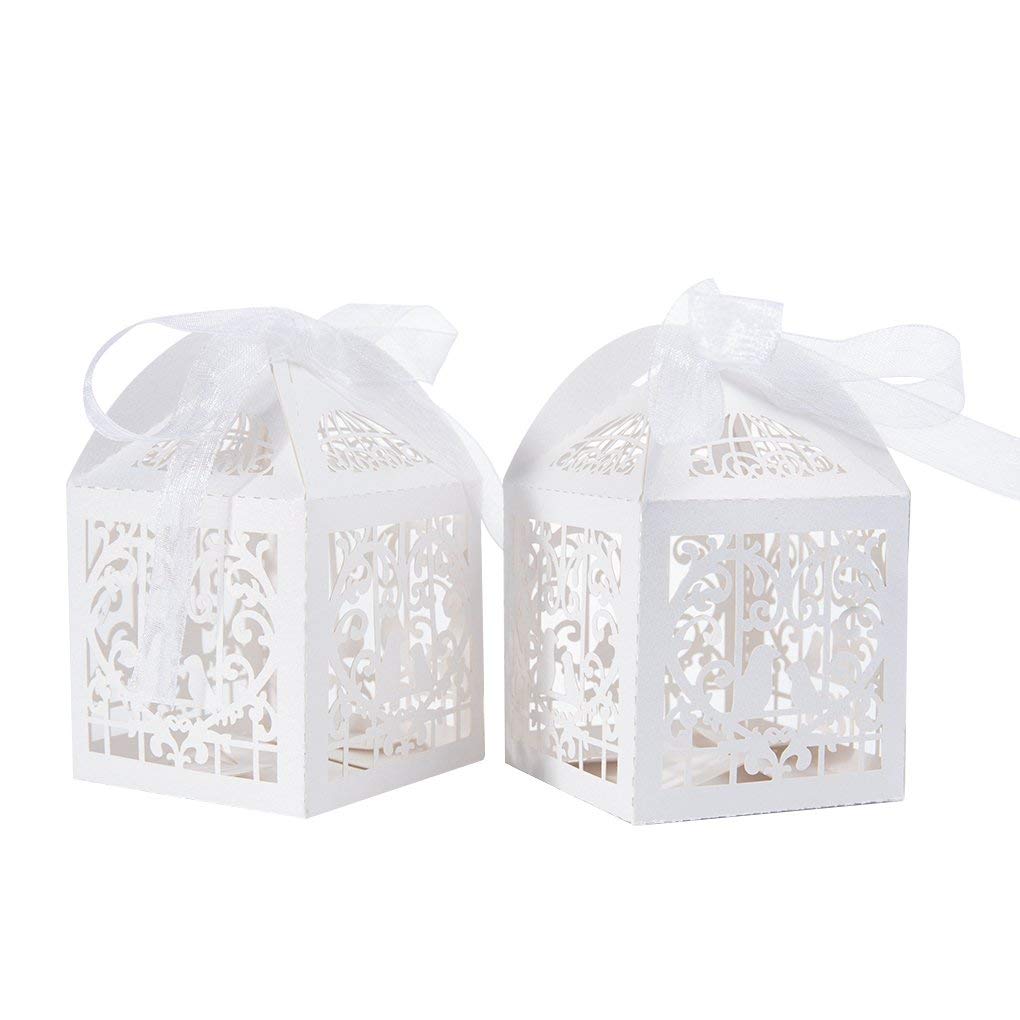 Benbilry 50Pcs Wedding Party Favour Boxes,Benbilry Sweet Candy Boxes with 50 Ribbons（Ivory）