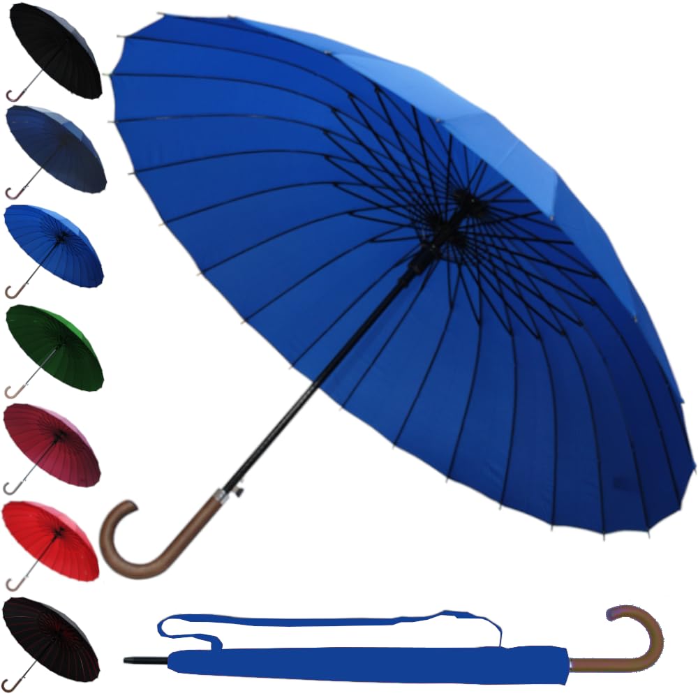 60MPH StormDefender 24 Rib Windproof Strong Umbrella - Large Umbrella for Golf, Sport and Everyday Use - Big Reinforced Frame - Automatic - Wood Hook Handle - Designer Rainproof Men Women - Azure Blue