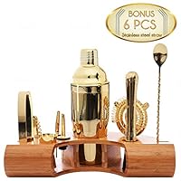 Omishome Premium Bartender Mixology Kit - Multipiece Gold Finish Stainless Steel Cocktail Shaker Set with Bamboo Stand and 6 BONUS Steel Straws! The Perfect Home Bar Tools Gift and Boston Shaker!