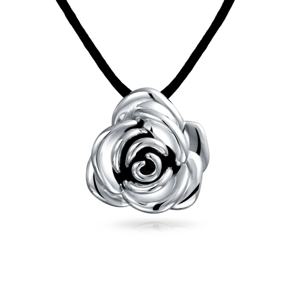 Bling Jewelry Large Flower Rose Pendant Necklace For Women For Teen Black Silk Cord Hollow Oxidized .925 Sterling Silver16 Inch โ image 1