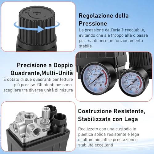 220V Air Compressor Pressure Switch, 4 Holes Compressor Control Valve with Safety Valve and Pressure Gauge, Quick Response, Precise Adjustment for Workshop or Factory