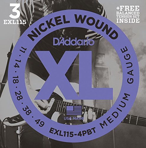 D'Addario EXL115 Bonus 3 Pack With Balanced Tension Set, Medium/Blues-Jazz Rock, 11-49, 4 Sets