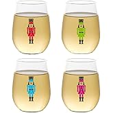 Set of 4 Shatterproof CUSTOM 16 oz Plastic Wine Glasses MADE in the USA (CHRISTMAS NUTCRAKERS)