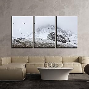 Black Birds Flying Above The Snow Covered Mountains x3 Panels