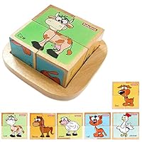 Wooden Block Puzzles Toys Toddler Six Sides Painting Pattern Jigsaw Vehicle Blocks Cube Puzzle Educational Toy Early Learning Kids Childrens Gifts 3 Year Old Girl Boy