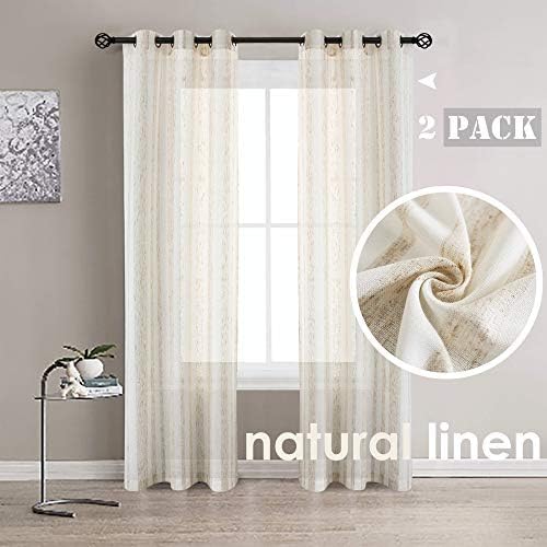 Randall Linen Stripe Window Curtains Grommets Top Semi Sheer Natural Linen Blend Soft Heavy Rustic Panel Pairs 42"x84"x2, Natural