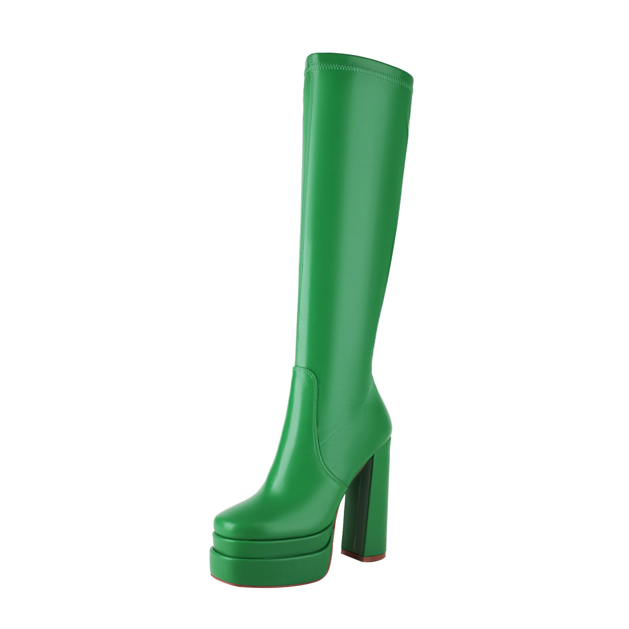 Photo 1 of vivianly Women's Platform Knee High Boots Square Toe Chunky Heel Long Stretch Gogo Boots with Side Zipper Size 7 Green