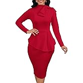 WanMem Women Formal Bodycon Peplum Cocktail Dress Short Sleeve Bow Ruffle Pencil Party Midi Dresses