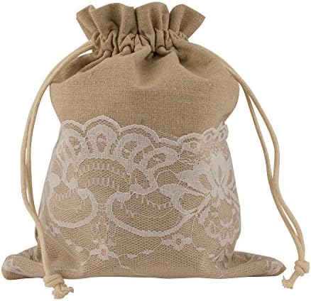 Large Burlap &amp; Lace bags with drawstring 7.75" x 9.75" 12Pack - gifts, jewelry, candy, wedding, party favors