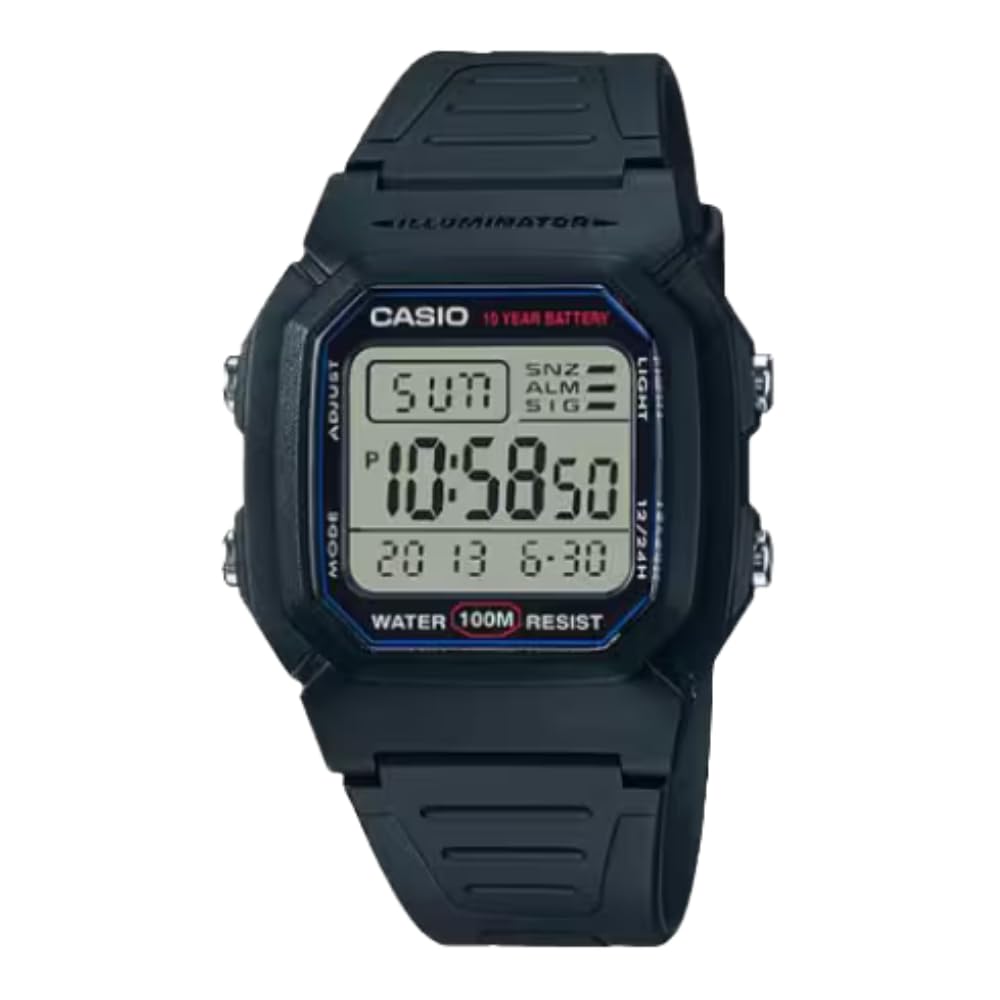 Serie Casio W800H | Reloj digital unisex | Negro | Resistencia al agua hasta 100 metros | Retroiluminación LED | Cronómetro 1/100 SEC | Hora dual | Alarma multifunción | Calendario automático completo | Batería de 10 años