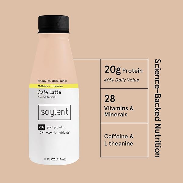 SOYLENT COMPLETE COFFEE MEAL REPLACEMENT SHAKE, CAFÉ LATTE, READY-TO-DRINK PLANT BASED CAFFEINATED PROTEIN SHAKE, CONTAINS 20G VEGAN PROTEIN AND 1G SUGAR, 14OZ (SINGLE BOTTLE)