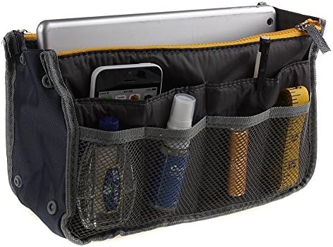 iPERB Handbag Organizer Liner Insert 13 Compartments Nylon Comestic Gadget Purse Multi-function Travel Makeup Pouch Organiser Tidy Pocket Double Zipper Case Toiletry Bag Grey