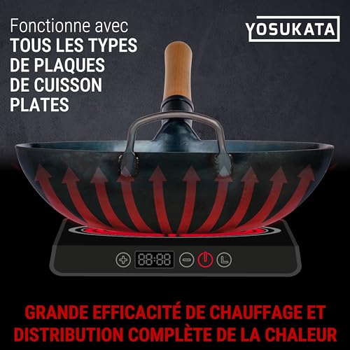 YOSUKATA Woks & Frying Pans 34 cm - Flat Bottom Wok in Blue Carbon Steel, Pre-Seasoned Suitable for Induction, Electric Hobs, Gas and Open Fires - Traditional Chinese Frying Pans