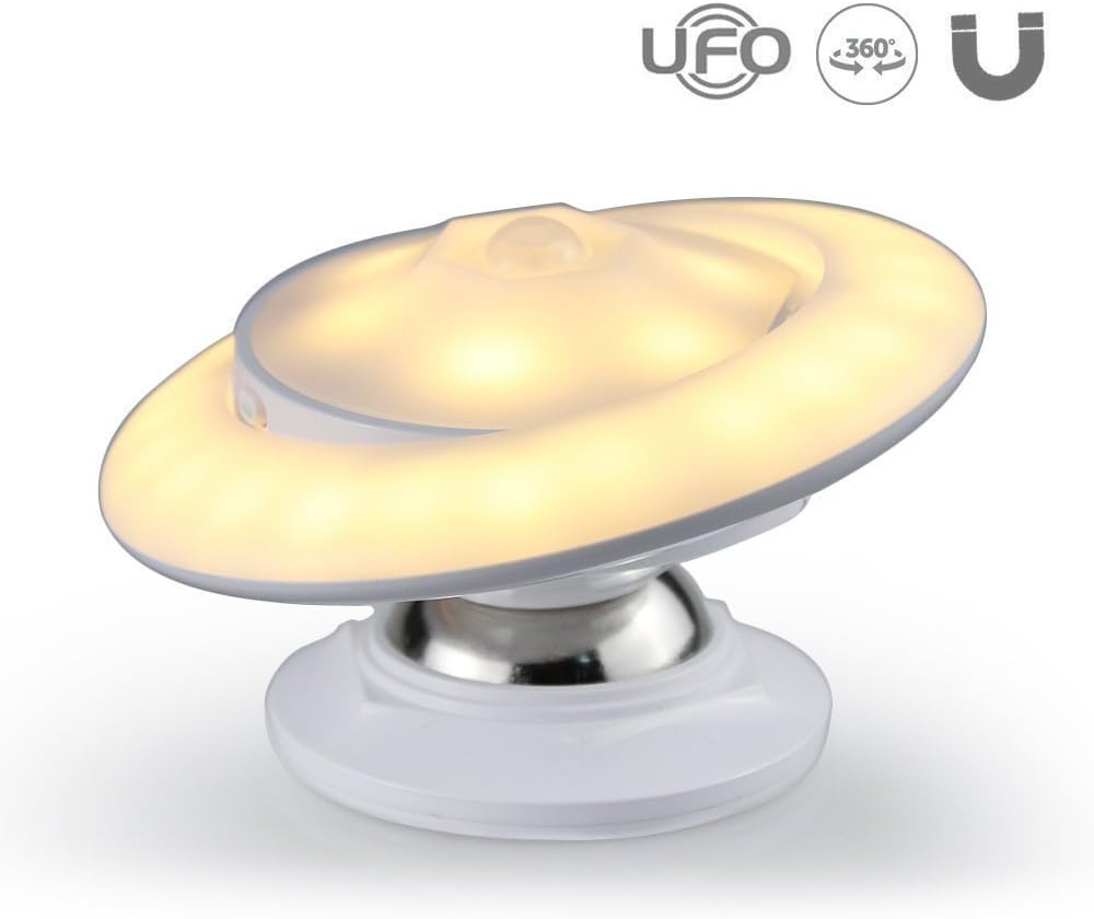 Motion Sensor Night Light, GXQS UFO 360° Rotating Wireless LED Wall Lamp with Detachable Magnet Base Battery Operated,Emergency Light for Bathroom Stairs Hallway Babyroom Closet Garage(Warm White)