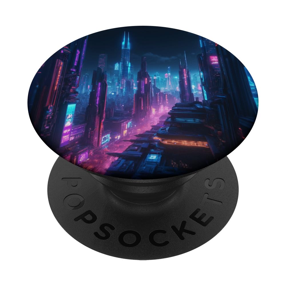 Cyberpunk City Aesthetic Futuristic Graphic Design Print PopSockets Swappable PopGrip