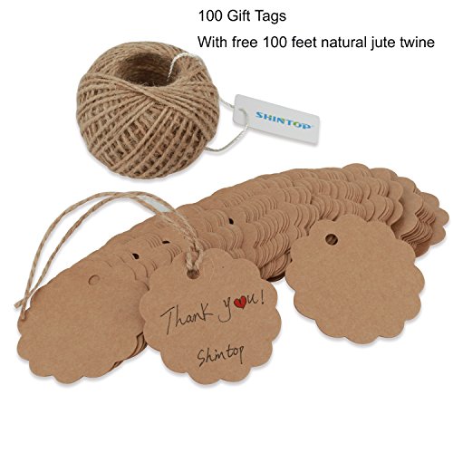 Shintop 100PCS Kraft Paper Gift Tags Bonbonniere Favor Round Gift Tags with Free 100 Feet Natural Jute Twine (Flower Paper Tag)