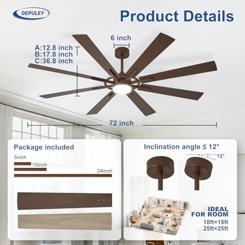 Depuley Large Ceiling Fans with Lights: Modern 72 Inch 8 Blade Outdoor Ceiling Fan with Remote APP Control - Dimmable Brown Big Fan Light Indoor Reversible 6 Speed Quiet DC Motor