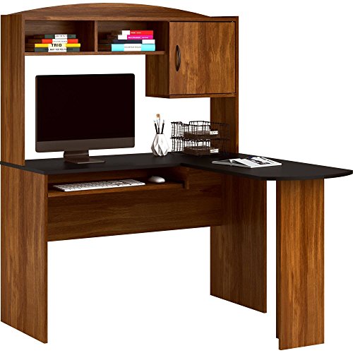 Corner L Shaped Wood Office Desk with Hutch in Black/Brown