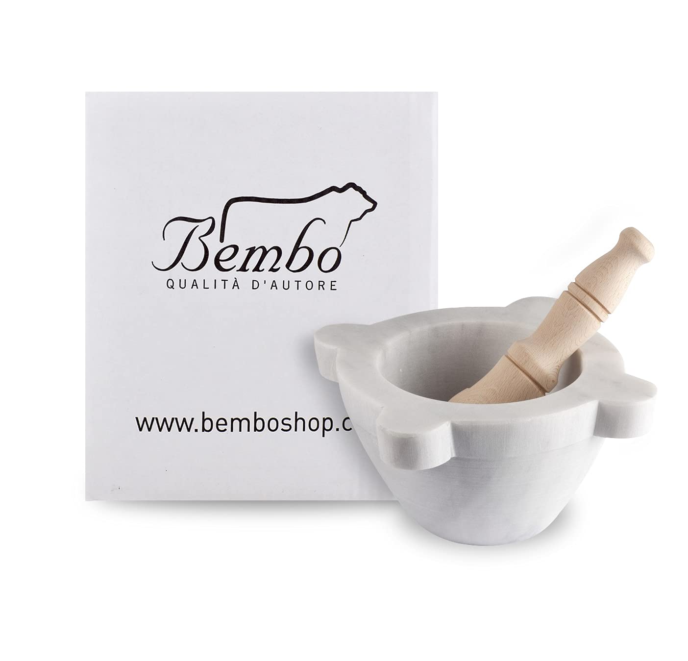 Bembo Mortar in White Carrara Marble with Pestle Made in Italy - for Pesto or Spices - Genovese Model (ø 20 cm)