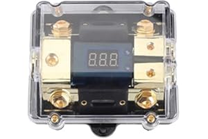 ESTINK Fused Holder Box, Transparent Cover Fused Holder Block 100A 1 in 2 Out with LED Digital Voltage Display Power Distribution Block Replacement for Car Yacht Audio, 4.3 x 3.7 x 1.6in