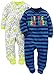 Simple Joys by Carter's Baby Boys' 2-Pack 2-Way Zip Cotton Footed Sleep and Play, Blue Stripe/Green Dinosaur, 3-6 Months