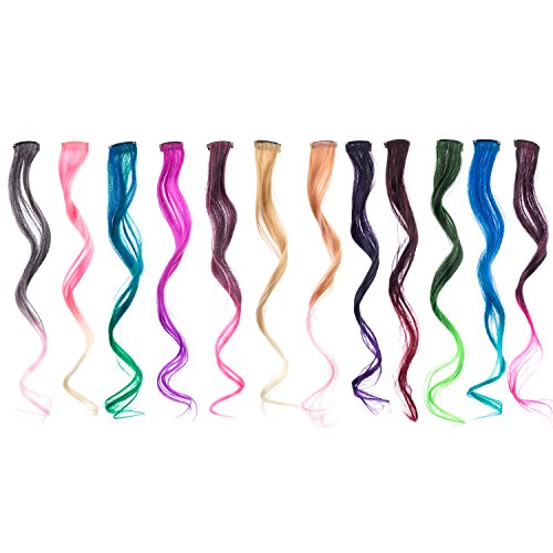 Costumes Colored Hair Extensions - SWACC 12 Pcs Ombre Colored Party Highlights Clip on in Hair Extensions