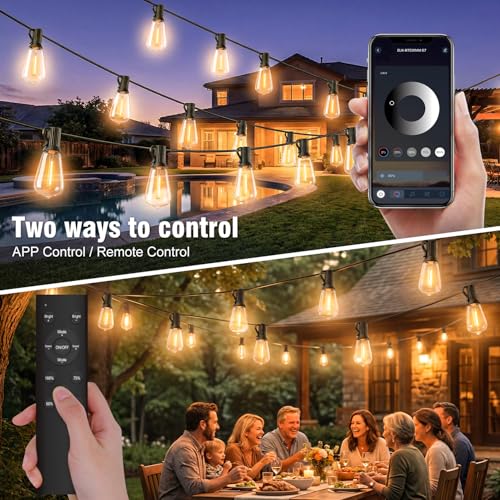 Skoiuc 50ft-LED-Lights-Outdoor-Waterproof-String Lights-Patio-Outside-Porch-Backyard-Garden-Gazebo-Yard-Deck-Balcony-Party-Camping-House-Hanging-Lighting-Bulb-Remote-Bluetooth-Hanging-Edison-ST38