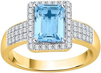 Diamond and Emerald Cut Blue Topaz Halo Ring in 10K Yellow Gold (1 1/10 cttw) (JK-Color, SI2/I1-Clarity) (Size-4)