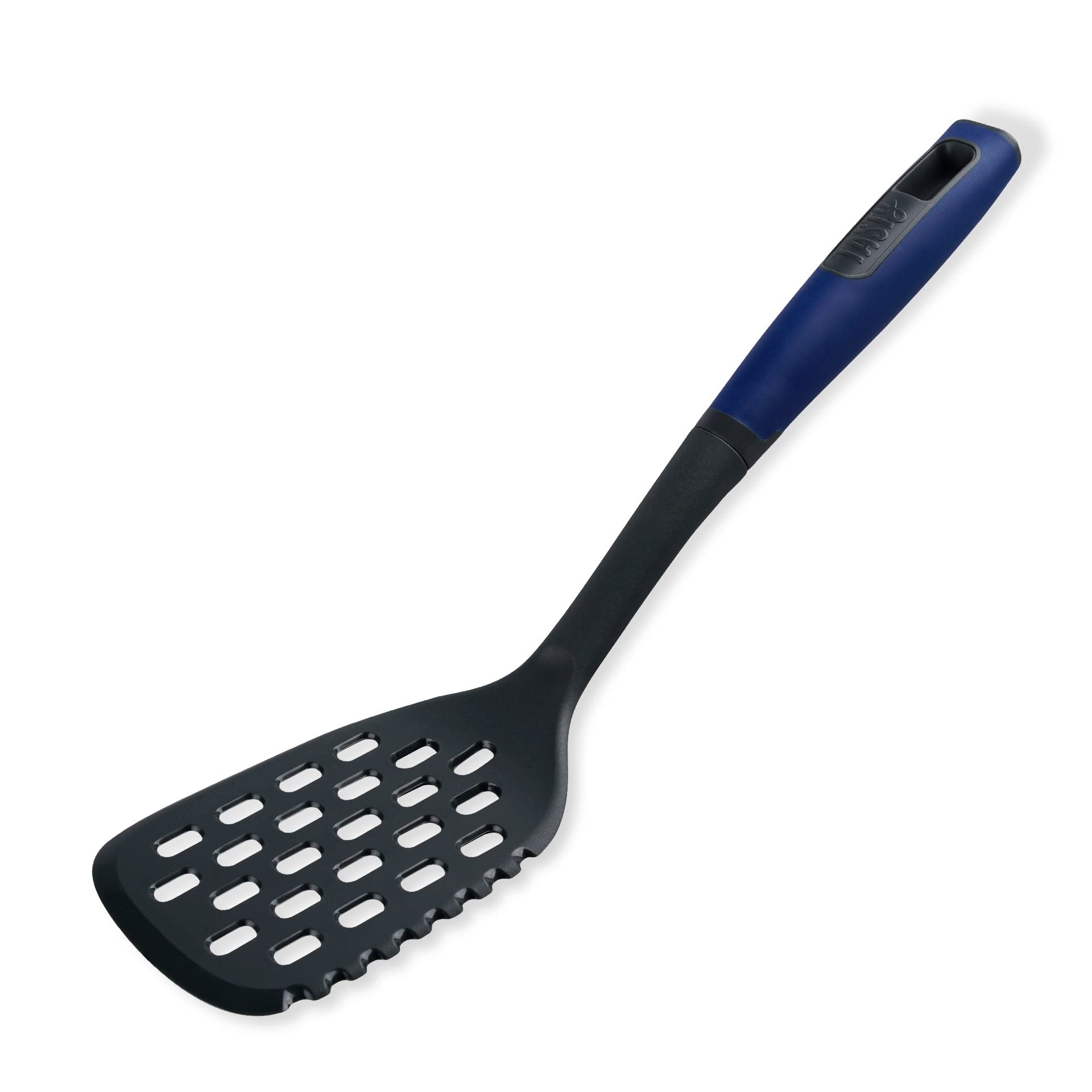 Tasty Everyday Slotted Cooking Turner with Angled Front and Cutting Edge, Heat-Resistant with Soft Grip, Slotted Turner, Non-Scratch, Kitchen Utensil, Dimensions: 34x10x5.5cm Colour: Dark Blue, Grey