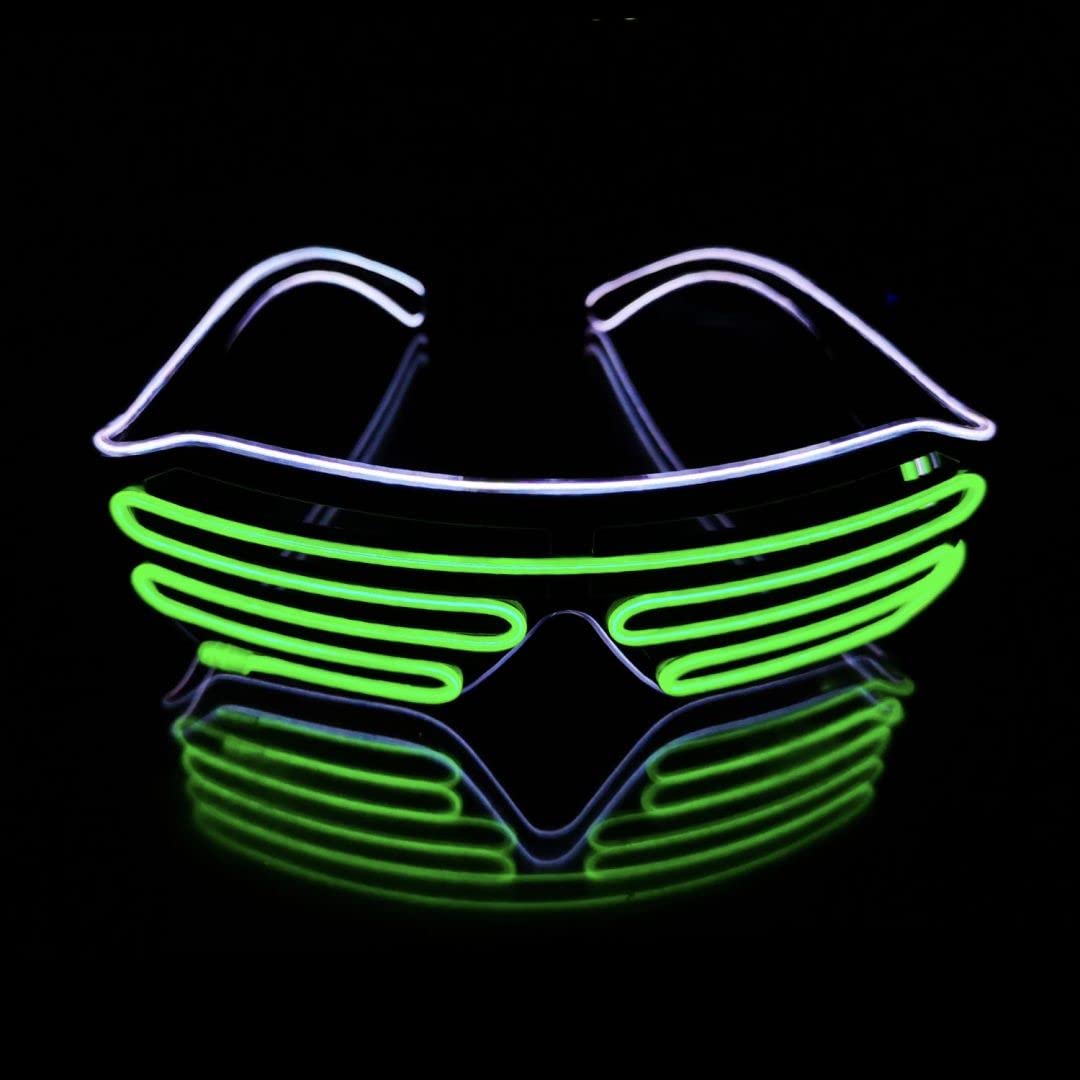 SOUTHSKY LED Glasses Shutter Frames Type EL Wire Glow Light Up 2 Colors 4 Modes For for Halloween Costume Cosplay Party (WHITE+Fluorescent Green)
