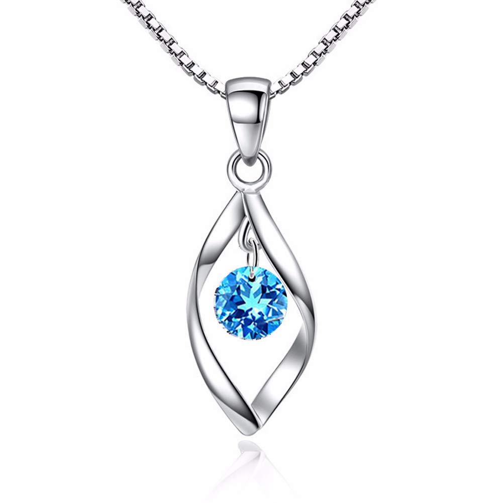 Zolkamery Womens Necklace, 925 Sterling Silver Necklace with Aquamarine Zircon, Hypoallergenic White Gold Necklaces Chain with Waterdrop Pendant for Women, Loved Jewellery for Ladies Mother with Box