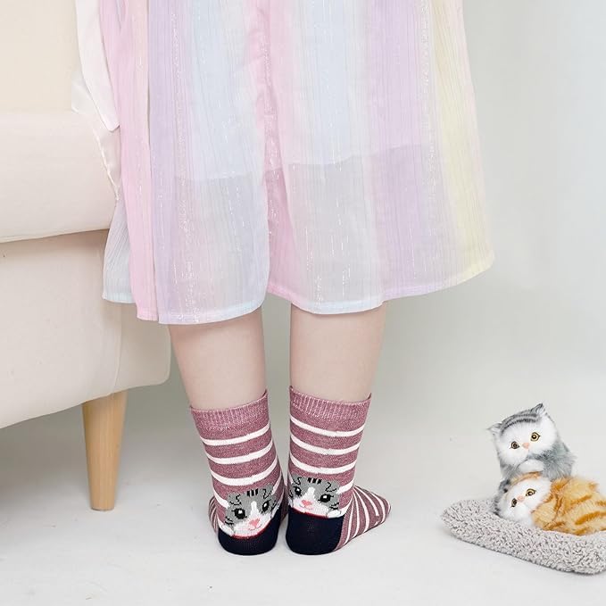 PUTUO Kinder Mädchen Socken Kindersocken: Mädchen Lustige Socken aus Baumwolle Kinder Bunt Tiere Gemustert Strümpfe größe 31-34 Zeichentrickkatze 5 Paare 4