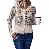 SKAYS Womens Tweed Plaid Cardigan Blazer Dressy Casual Button Front Cardigan Crew Neck Long Sleeve Texture Knit Jackets