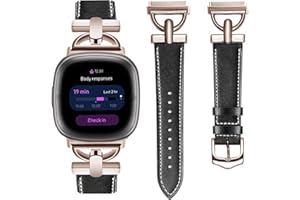 APAWBAND D-Shape Leather Band Compatible with Fitbit Sense Bands/Fitbit Versa 3 Bands Women, Dressy Leather Strap with D-Shape Metal Buckle for Versa 3/Sense(Black/Rose Gold)