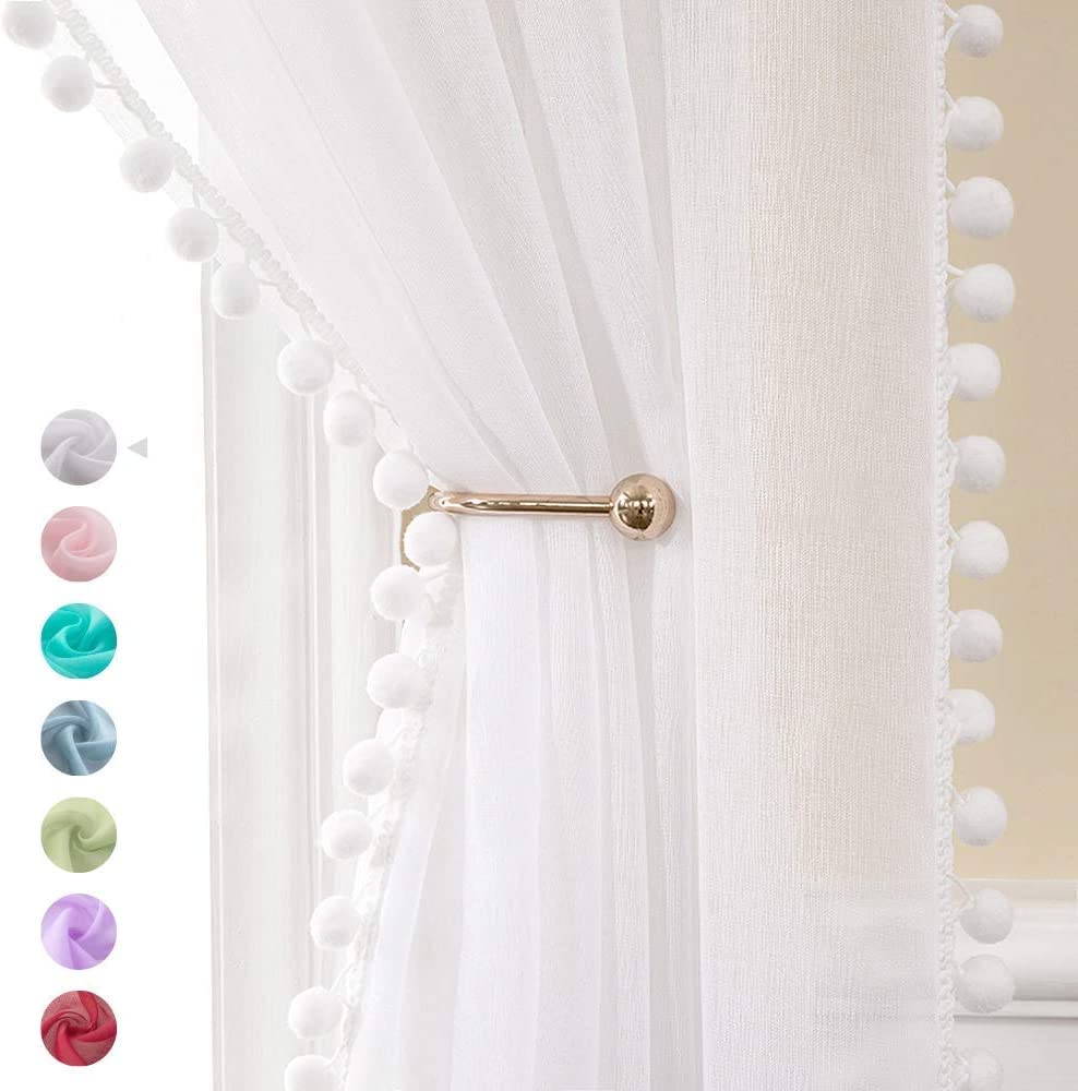 MIULEE Sheer Curtains with Pom Poms-White Voile Curtains for Bedroom Living Room, Pretty Rod Pocket Pompom Curtains for Kids, Girls Bedroom, 2 Panels Net Window Curtains, Each W55 x D88 Inch