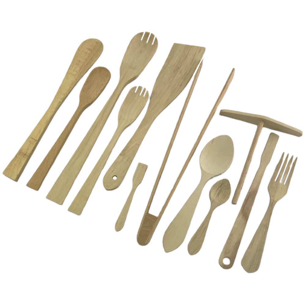 Kitchen Cooking wooden utensils set - 12 Pieces beech wood Wooden Spoons, Spatulas, Forks, Pancake utensils & Barbecue utensils, natural wood