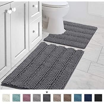 Extra Thick Chenille Striped Pattern Bath Rugs for Bathroom Non Slip - Soft Plush Shaggy Bath Mats for Bathroom Floor, Indoor Mats Rugs for Entryway (Gray, 32 x 20 Plus 20 x 20 - Inches)