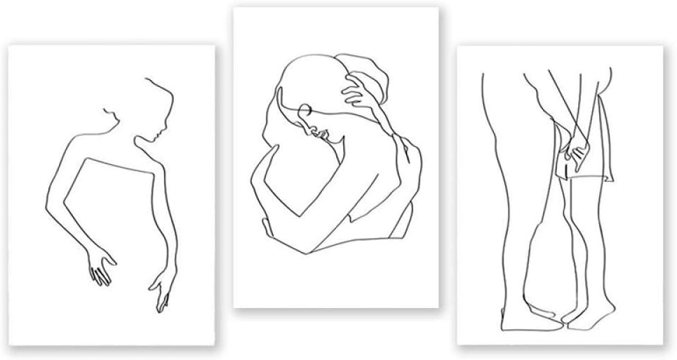 Pareja Amorosa Conjunto de 3 Póster Dibujo Lineal Mujer Negro Blanco