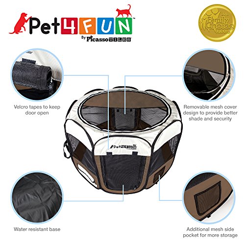 PicassoTiles PET4FUN PN935/PN945 Portable Pet Puppy Dog Cat Playpen Crates Kennel w/Water Resistant 600D Oxford, 210D Nylon, Carrying Bag, Collapsible Bowl, Removable Mesh Cover 2 Sizes