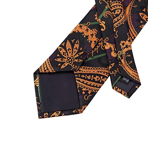 YOHOWA Mens Orange Black Silk Tie Pocket Square Paisley Necktie Cufflinks Set - Thumbnail 3