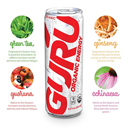 GURU Lite Organic Energy Drink, Low Calorie, Vegan, Natural, 8.4oz can (8 count)