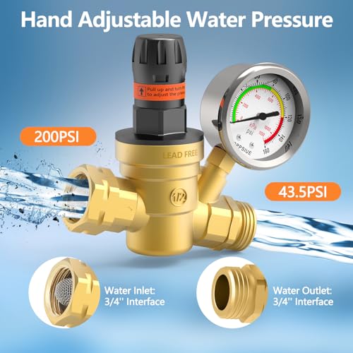 RV Water Pressure Regulator with Colorful Gauge, Hand Adjustable Knob,Brass Lead-Free Water Pressure Reducer with Inlet Screen Filter,for RV Camper Travel Trailer Water Hose,Suitable for NH Thread