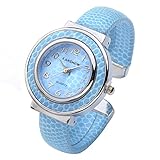 Top Plaza Fashion Women's Cuff Watch, Round Case PU Leather Band, Blue