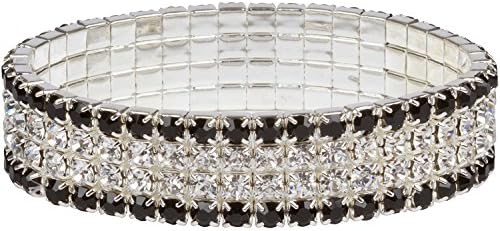 Four Tier Swarovski Element Stretch Crystal Bracelet (Onyx &amp; Clear) in Silver Tone