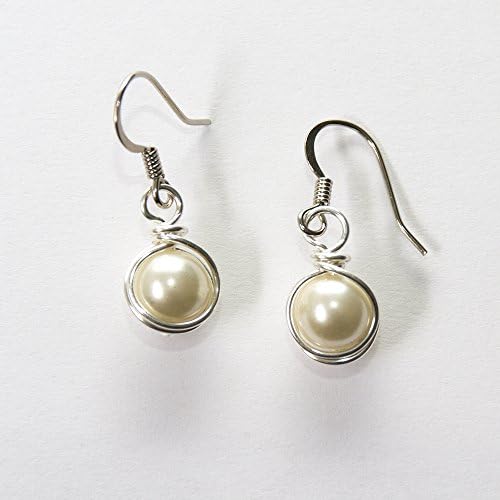 Cream White Simulated Pearl Wire Wrapped Dangle Earrings - Handmade Jewelry